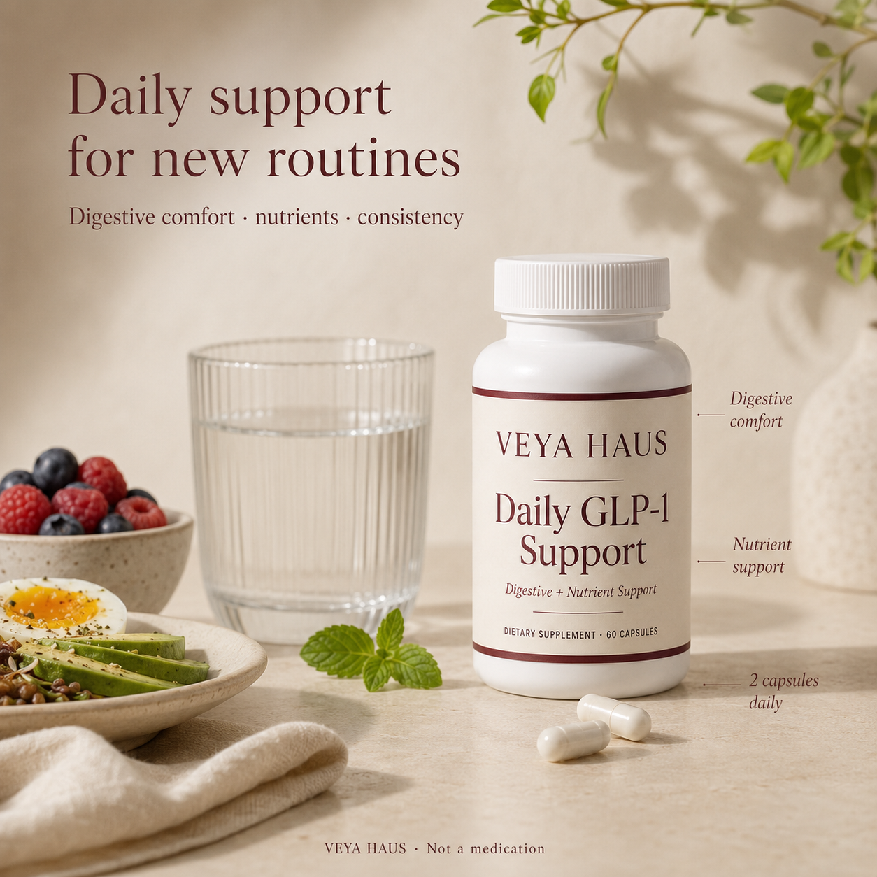 VEYA Daily GLP-1 Support Capsules morning routine still life with water, capsules, and food cues