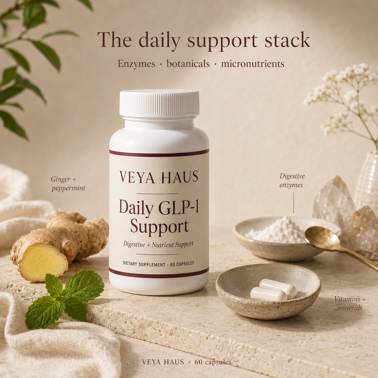 VEYA Daily GLP-1 Support Capsules ingredient still life with ginger, peppermint, capsules, and minerals