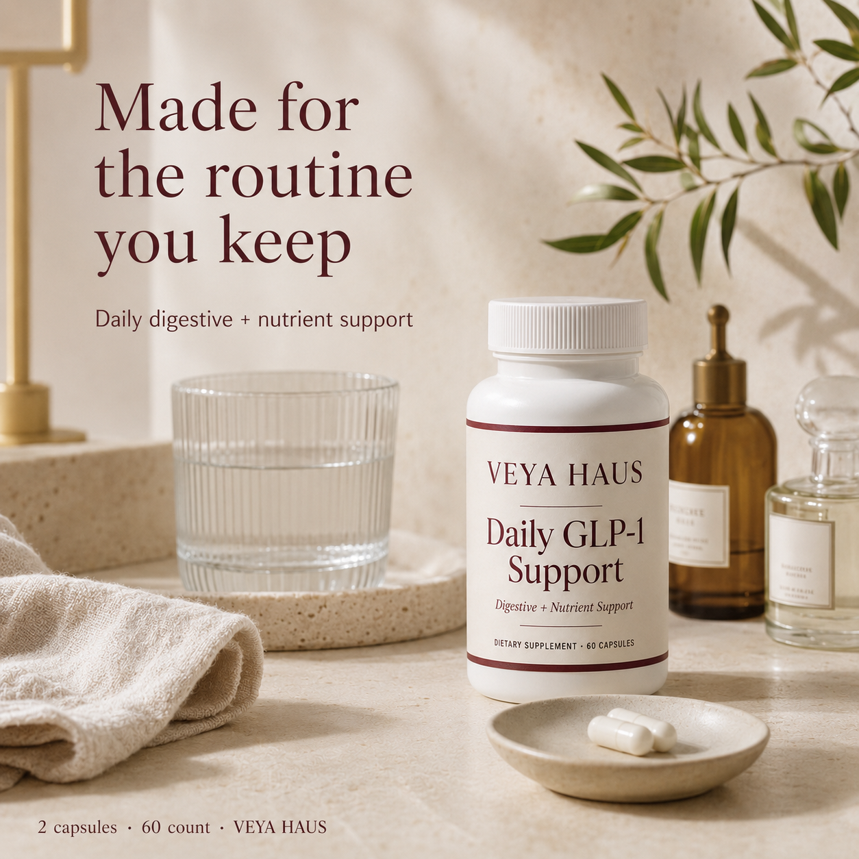 VEYA Daily GLP-1 Support Capsules styled as a daily wellness shelf ritual