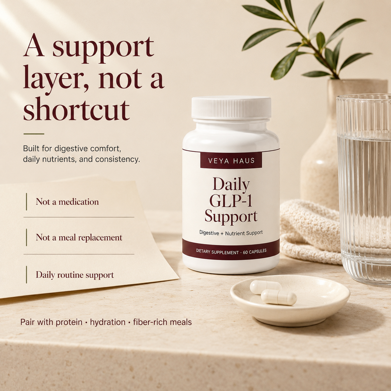 VEYA Daily GLP-1 Support Capsules support layer visual explaining daily routine positioning